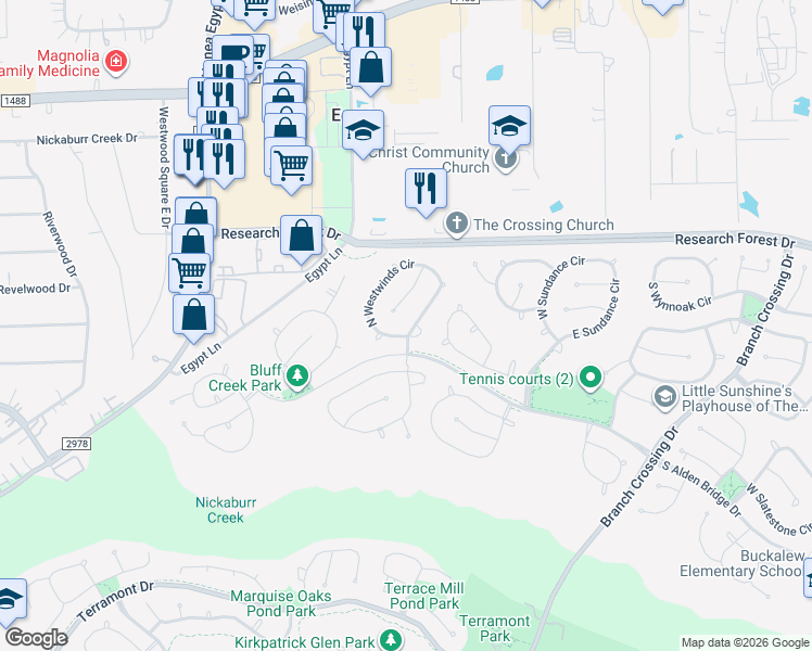 map of restaurants, bars, coffee shops, grocery stores, and more near 7 Westwinds Circle in Spring