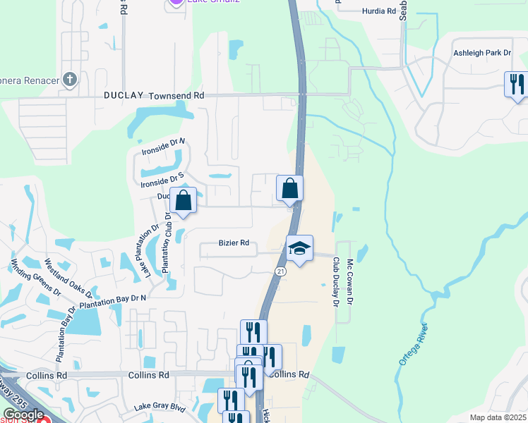 map of restaurants, bars, coffee shops, grocery stores, and more near 6026 Du-clay Road in Jacksonville
