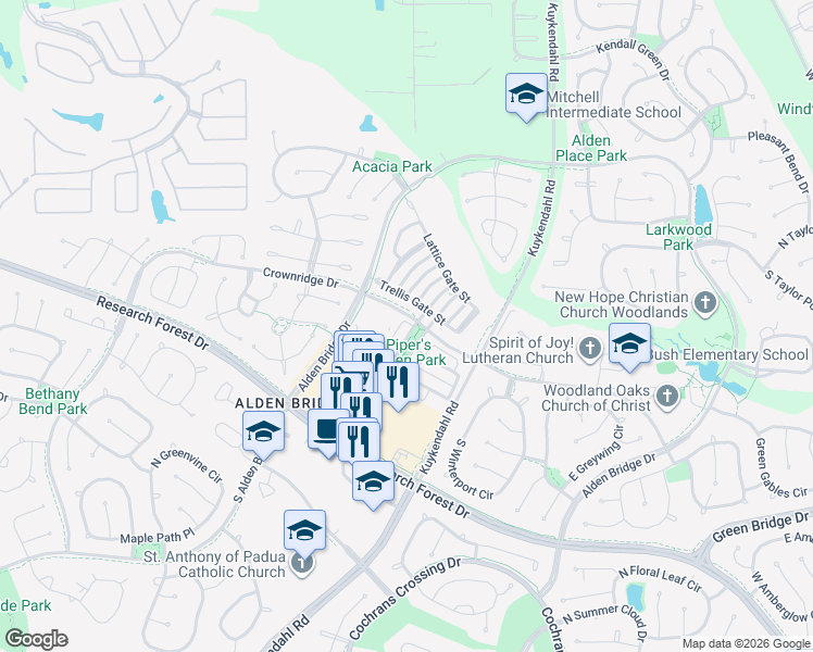 map of restaurants, bars, coffee shops, grocery stores, and more near 71 West Pipers Green Street in Spring