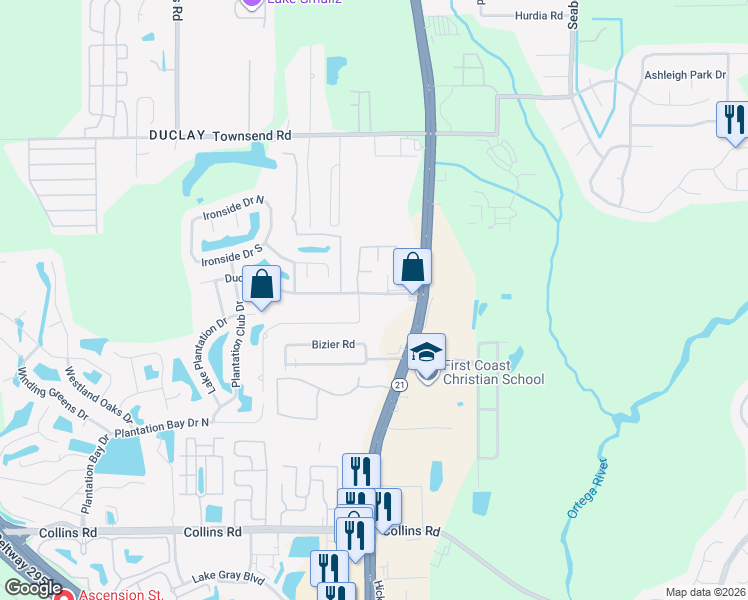 map of restaurants, bars, coffee shops, grocery stores, and more near 6034 Duclay Road in Jacksonville