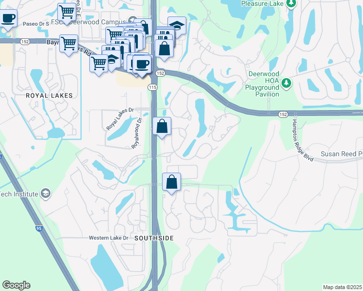 map of restaurants, bars, coffee shops, grocery stores, and more near 8433 Southside Boulevard in Jacksonville