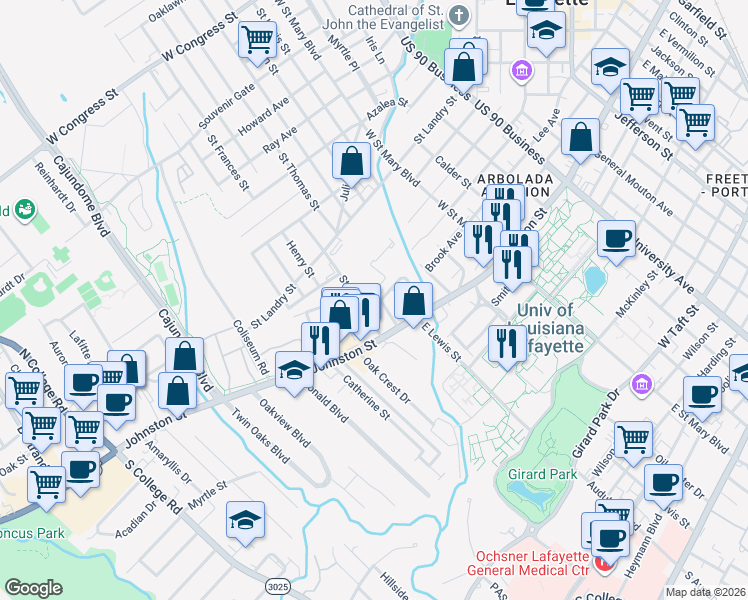 map of restaurants, bars, coffee shops, grocery stores, and more near 219 Saint Julien Avenue in Lafayette