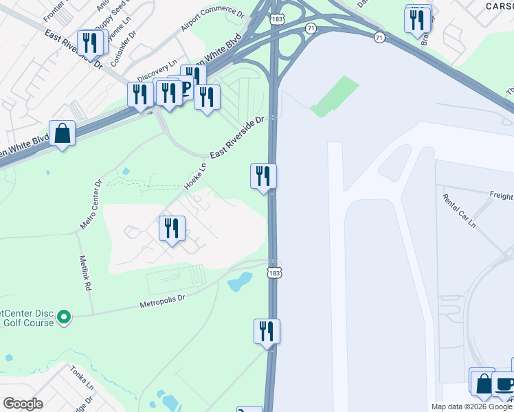 map of restaurants, bars, coffee shops, grocery stores, and more near 2410 U.S. 183 in Austin