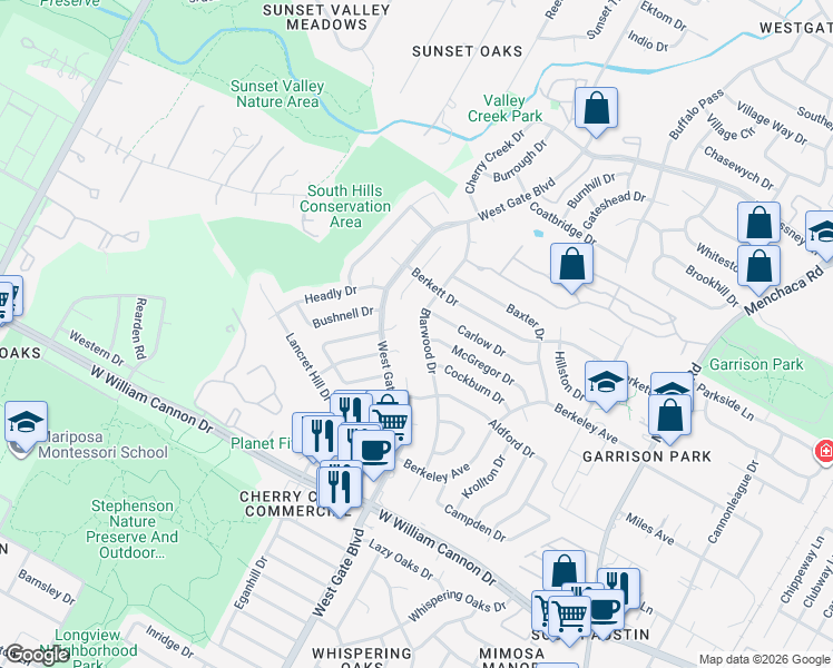 map of restaurants, bars, coffee shops, grocery stores, and more near 6306 Blarwood Drive in Austin