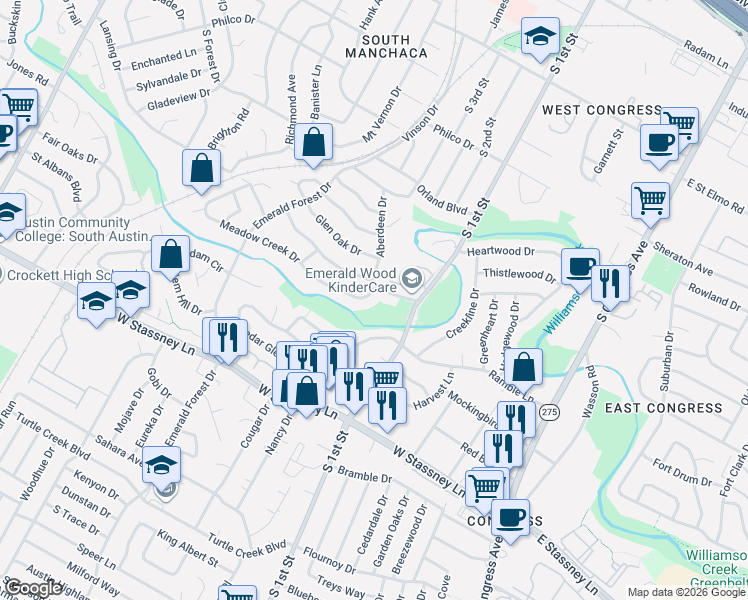 map of restaurants, bars, coffee shops, grocery stores, and more near 5105 Meadow Creek Dr in Austin