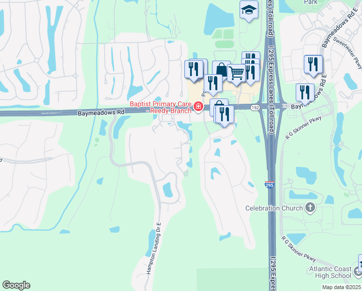 map of restaurants, bars, coffee shops, grocery stores, and more near 10550-4 Baymeadows Ap in Jacksonville