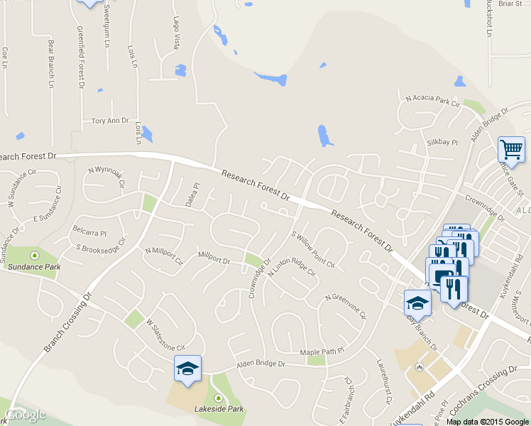 map of restaurants, bars, coffee shops, grocery stores, and more near 55 Harvest Wind Place in Spring