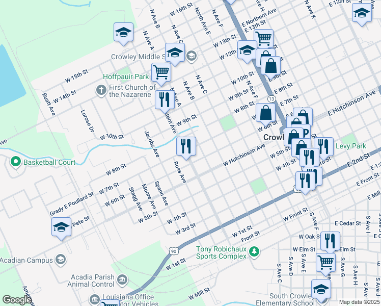 map of restaurants, bars, coffee shops, grocery stores, and more near 622 North Western Avenue in Crowley
