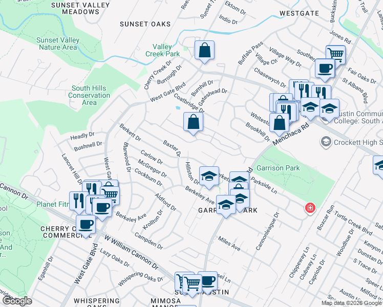 map of restaurants, bars, coffee shops, grocery stores, and more near 6201 Hillston Drive in Austin
