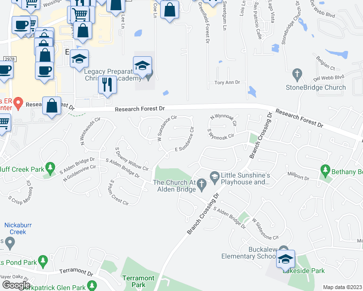 map of restaurants, bars, coffee shops, grocery stores, and more near 39 East Sundance Circle in Spring