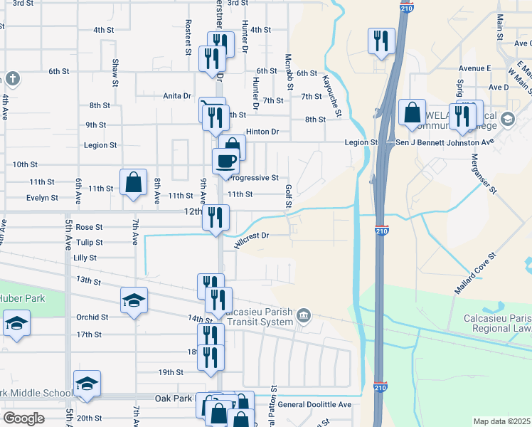 map of restaurants, bars, coffee shops, grocery stores, and more near 2732 12th Street in Lake Charles