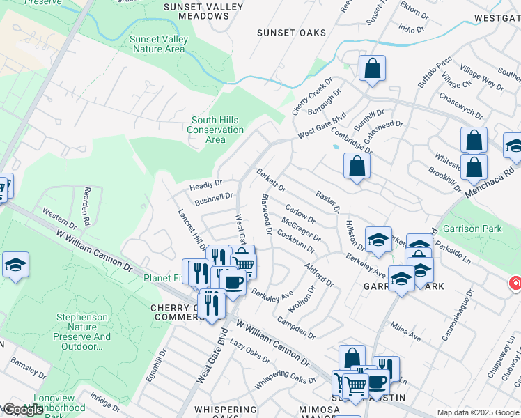 map of restaurants, bars, coffee shops, grocery stores, and more near 6306 Blarwood Drive in Austin
