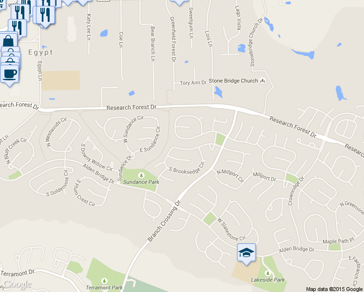 map of restaurants, bars, coffee shops, grocery stores, and more near 70 North Brooksedge Circle in Spring