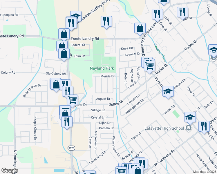 map of restaurants, bars, coffee shops, grocery stores, and more near 113 Granada Drive in Lafayette