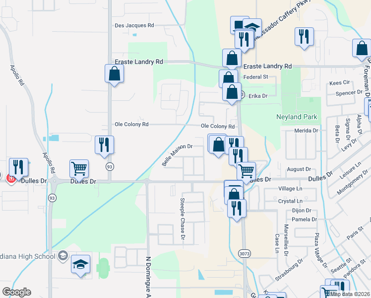 map of restaurants, bars, coffee shops, grocery stores, and more near 212 Belle Maison Drive in Lafayette