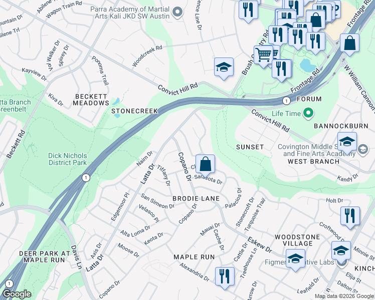 map of restaurants, bars, coffee shops, grocery stores, and more near 7706 Navarro Place in Austin