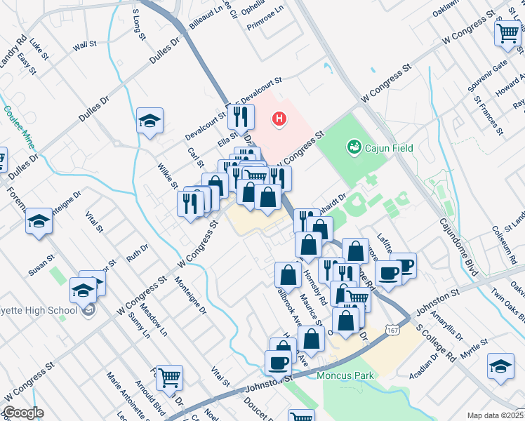map of restaurants, bars, coffee shops, grocery stores, and more near 521 Bertrand Drive in Lafayette