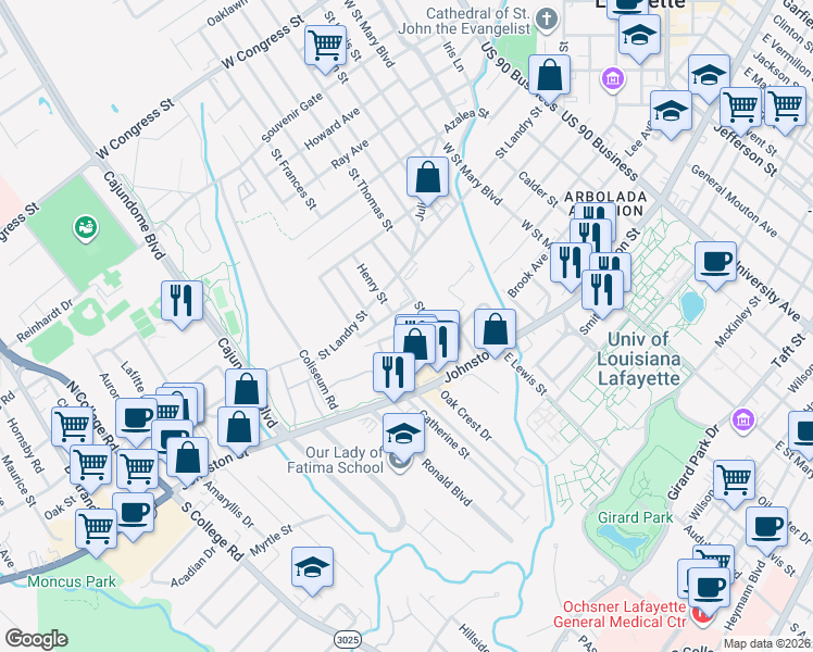 map of restaurants, bars, coffee shops, grocery stores, and more near 210 Saint George Street in Lafayette