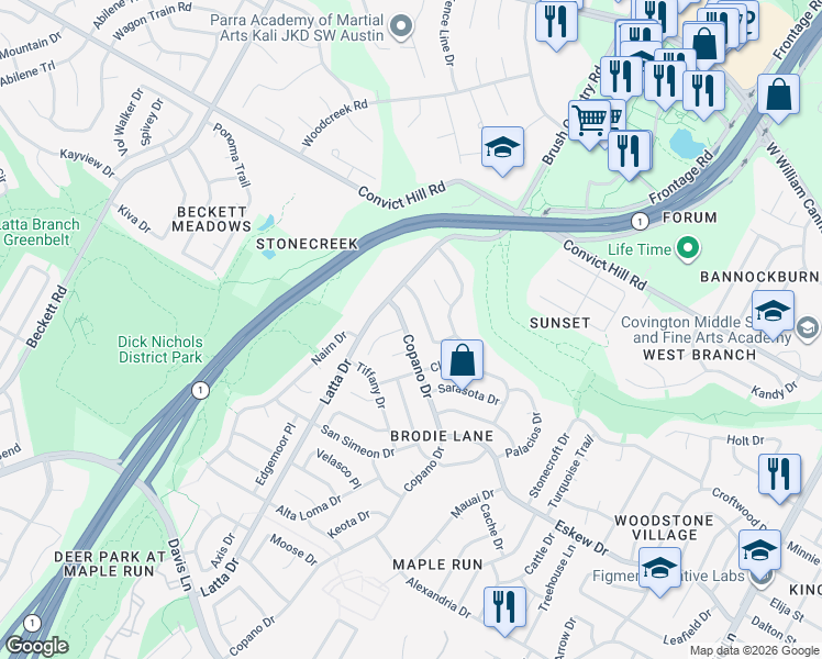 map of restaurants, bars, coffee shops, grocery stores, and more near 7706 Navarro Place in Austin