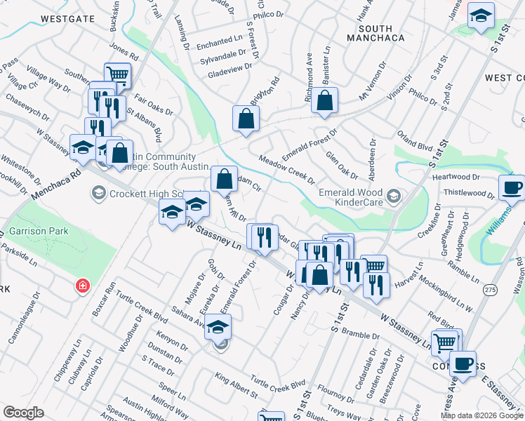 map of restaurants, bars, coffee shops, grocery stores, and more near 5409 Emerald Forest Drive in Austin