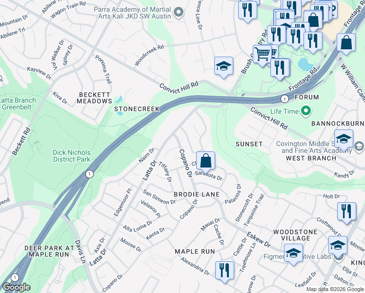 map of restaurants, bars, coffee shops, grocery stores, and more near 7706 Navarro Place in Austin