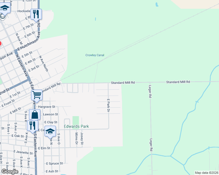 map of restaurants, bars, coffee shops, grocery stores, and more near 121 East Park Drive in Crowley