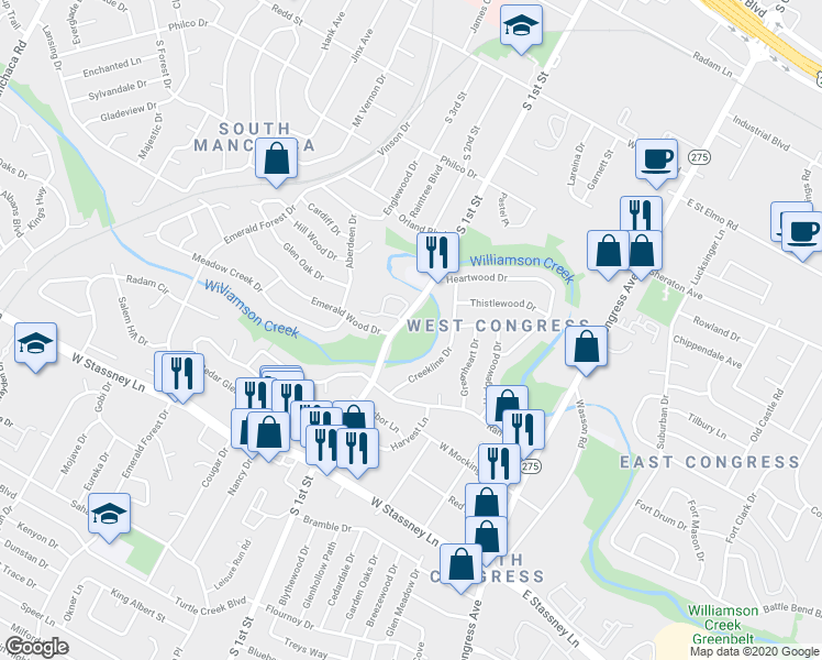 map of restaurants, bars, coffee shops, grocery stores, and more near 5111 South 1st Street in Austin