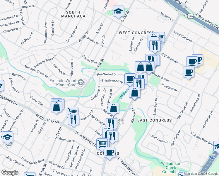 map of restaurants, bars, coffee shops, grocery stores, and more near 5000 Hedgewood Drive in Austin