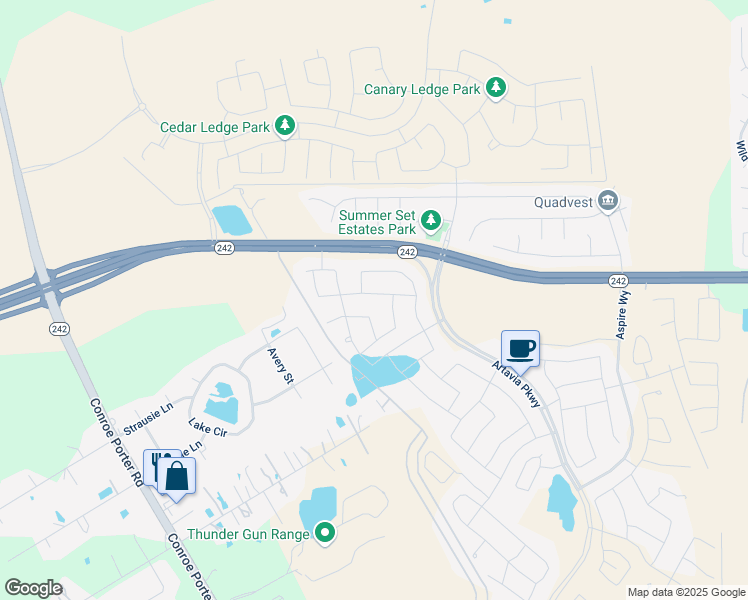 map of restaurants, bars, coffee shops, grocery stores, and more near Scarlet Branch Drive in Grangerland