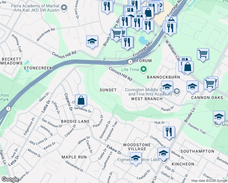 map of restaurants, bars, coffee shops, grocery stores, and more near 7411 Pusch Ridge Loop in Austin