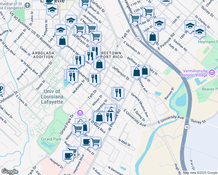 map of restaurants, bars, coffee shops, grocery stores, and more near 800 Stevenson St in Lafayette