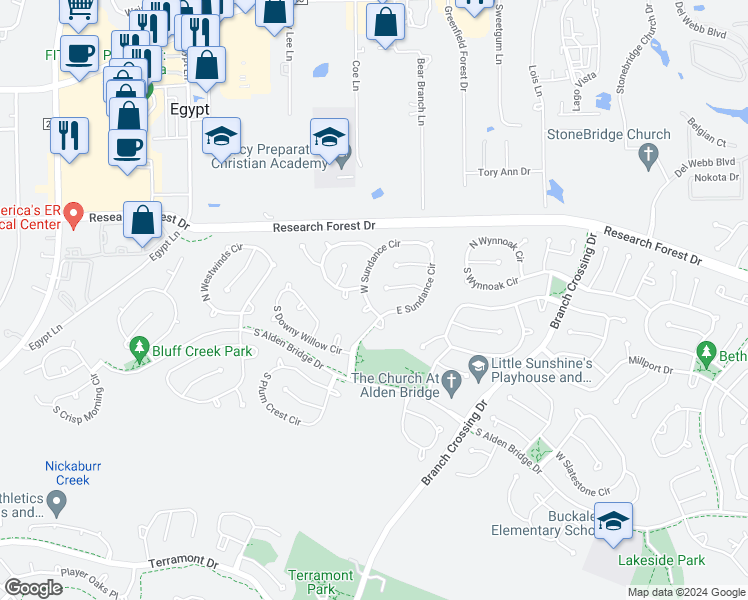 map of restaurants, bars, coffee shops, grocery stores, and more near 195 West Sundance Circle in Spring