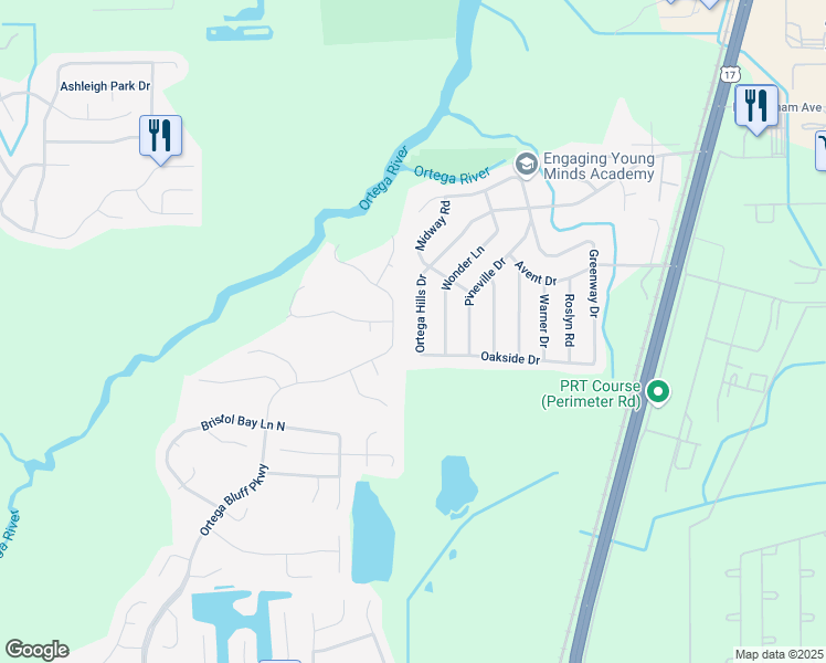 map of restaurants, bars, coffee shops, grocery stores, and more near 7448 Ortega Hills Drive in Jacksonville