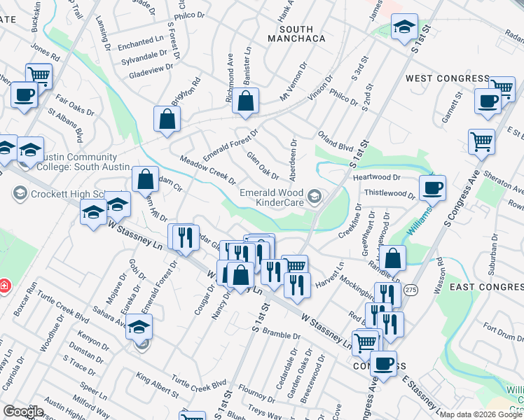 map of restaurants, bars, coffee shops, grocery stores, and more near 5121 Meadow Creek Drive in Austin