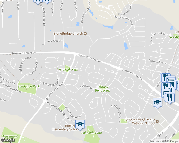 map of restaurants, bars, coffee shops, grocery stores, and more near 87 North Bethany Bend Circle in Spring