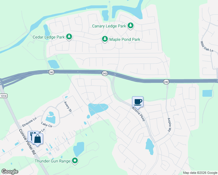 map of restaurants, bars, coffee shops, grocery stores, and more near 17189 Crimson Crest Drive in Grangerland