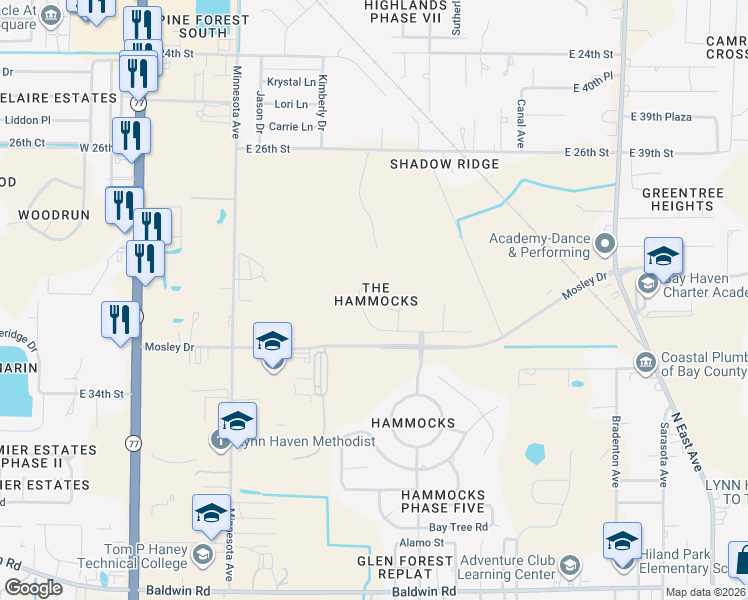 map of restaurants, bars, coffee shops, grocery stores, and more near 3036 Meadow Street in Lynn Haven