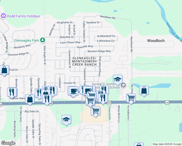 map of restaurants, bars, coffee shops, grocery stores, and more near 9922 Wing Street in Conroe