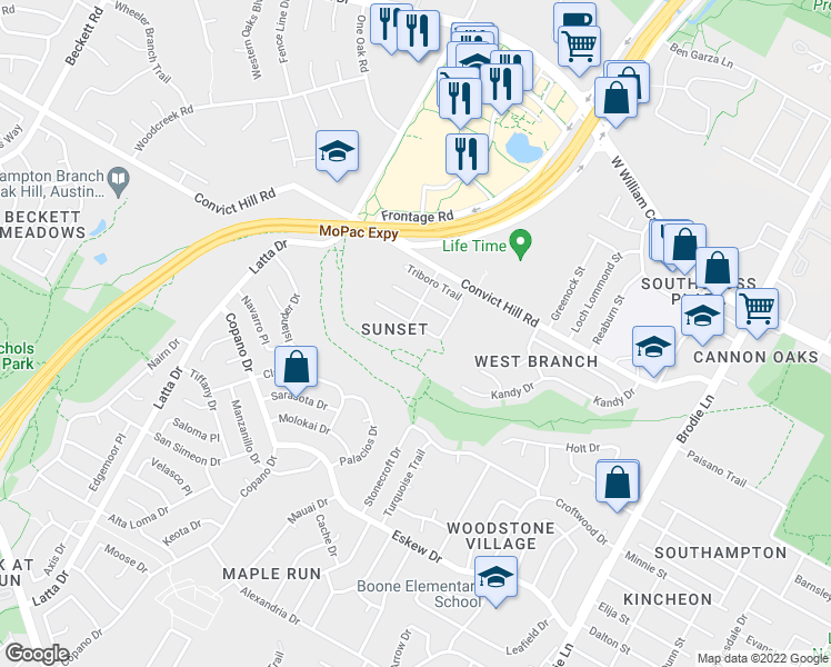map of restaurants, bars, coffee shops, grocery stores, and more near 7411 Pusch Ridge Loop in Austin
