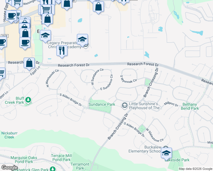 map of restaurants, bars, coffee shops, grocery stores, and more near 39 East Sundance Circle in Spring