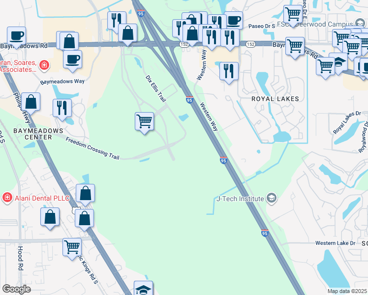 map of restaurants, bars, coffee shops, grocery stores, and more near 8880 Freedom Crossing Trail in Jacksonville