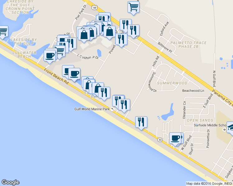 map of restaurants, bars, coffee shops, grocery stores, and more near 15238 Front Beach Road in Panama City Beach