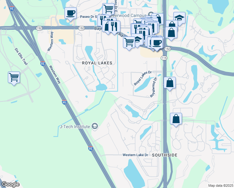 map of restaurants, bars, coffee shops, grocery stores, and more near 8598 Royal Lakes Drive in Jacksonville