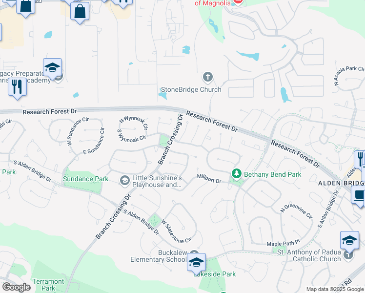 map of restaurants, bars, coffee shops, grocery stores, and more near 22 Wildflower Trace Place in Spring
