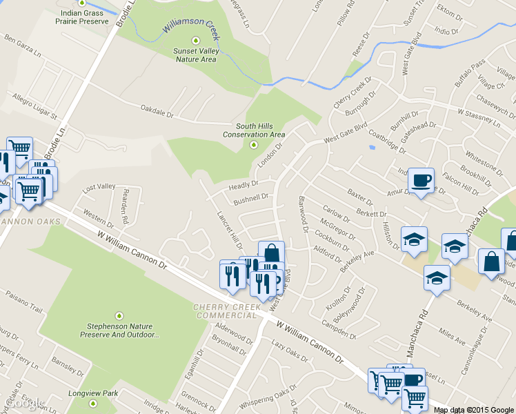 map of restaurants, bars, coffee shops, grocery stores, and more near 2808 Dillion Hill Drive in Austin