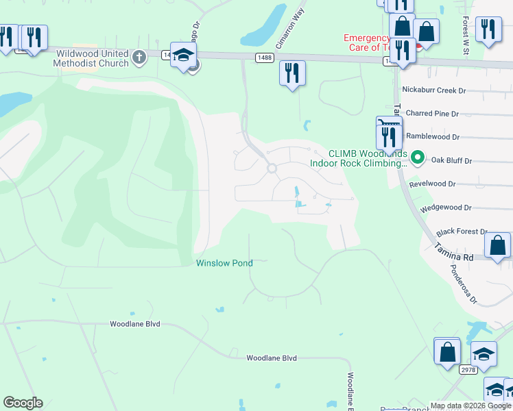 map of restaurants, bars, coffee shops, grocery stores, and more near 3949 Eagle Nest Lake Lane in Magnolia