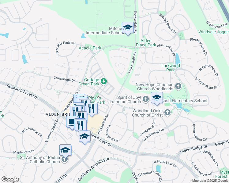map of restaurants, bars, coffee shops, grocery stores, and more near 98 Sunlit Grove Street in Spring