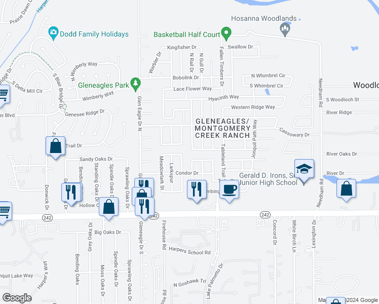 map of restaurants, bars, coffee shops, grocery stores, and more near 9830 Wing Street in Conroe
