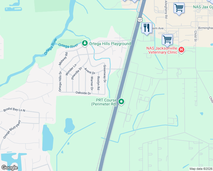 map of restaurants, bars, coffee shops, grocery stores, and more near 7469 Greenway Drive in Jacksonville