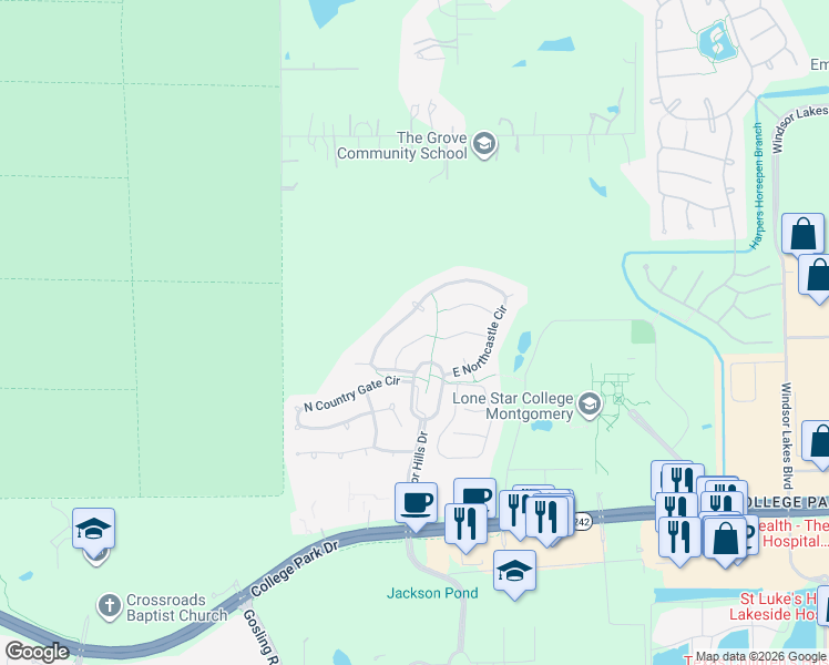 map of restaurants, bars, coffee shops, grocery stores, and more near 35 Surrey Run Place in Conroe